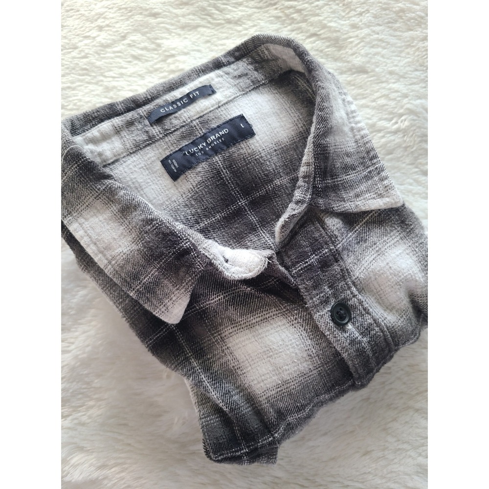 Lucky Brand Mens Classic Fit Plaid Flannel Shirt Black Grey White See Measuremts